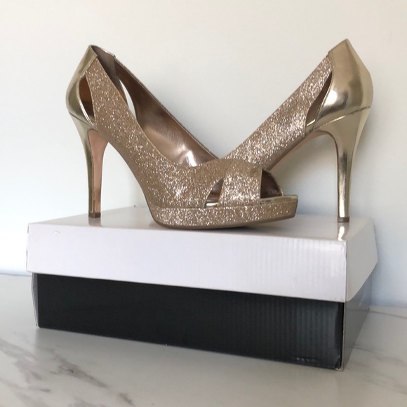 Alfani Fairfax Gold Glitter Platform Open Toe Heels - Picture 2 of 15